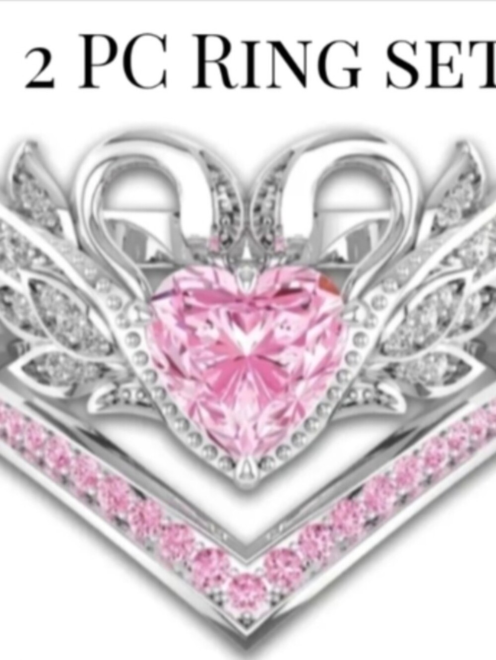2pc/set Women's Cubic Zirconia Pink Heart Angel Wings Ring & Band